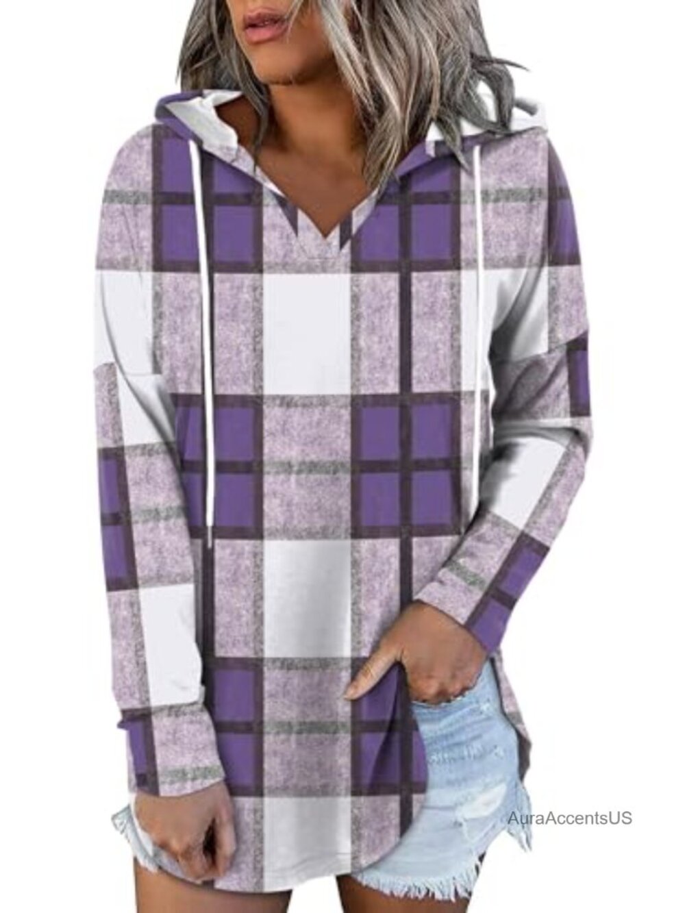 Oversized Hooded Sweatshirt Pullover V-Neck Long Sleeve Loose Fit Tunic - Picture 5 of 6